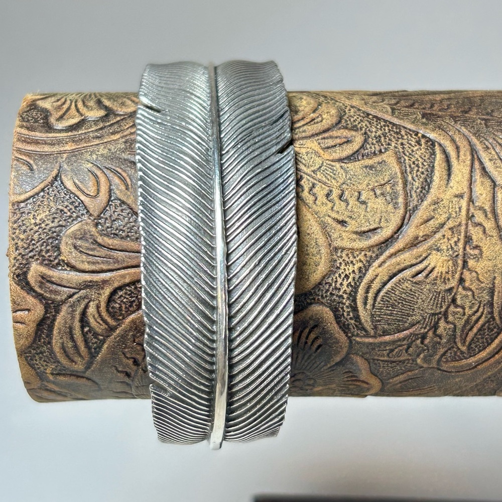 Solid Sterling Silver 925 Feather Cuff Bracelet S… - image 1
